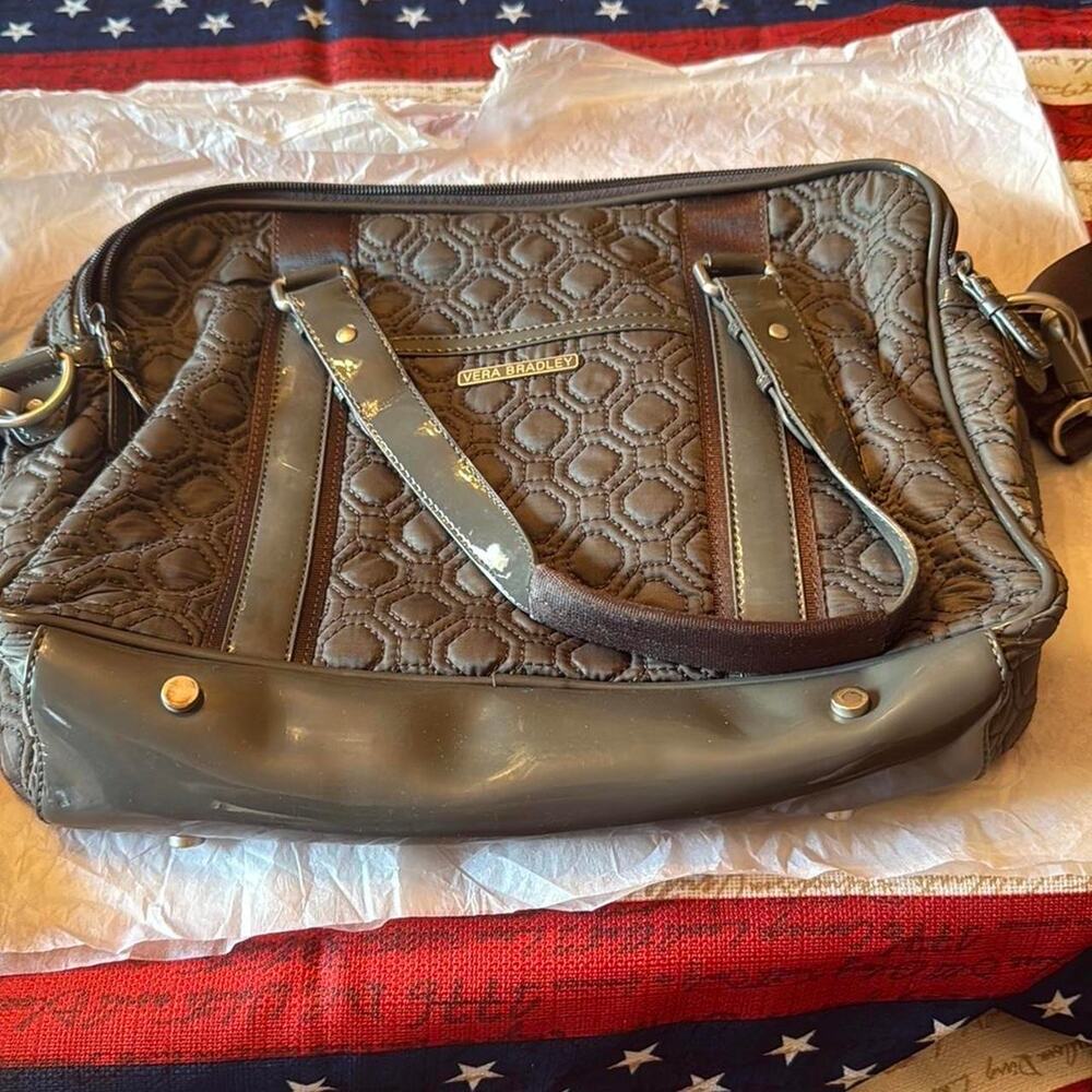 Vera Bradley Carbon Gray Quilted Crossbody Messenger Bag Patent Vinyl